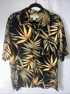 Island Republic 95% Silk Hawaiian Shirt Men’s Large Tropical Palm Leaf Black